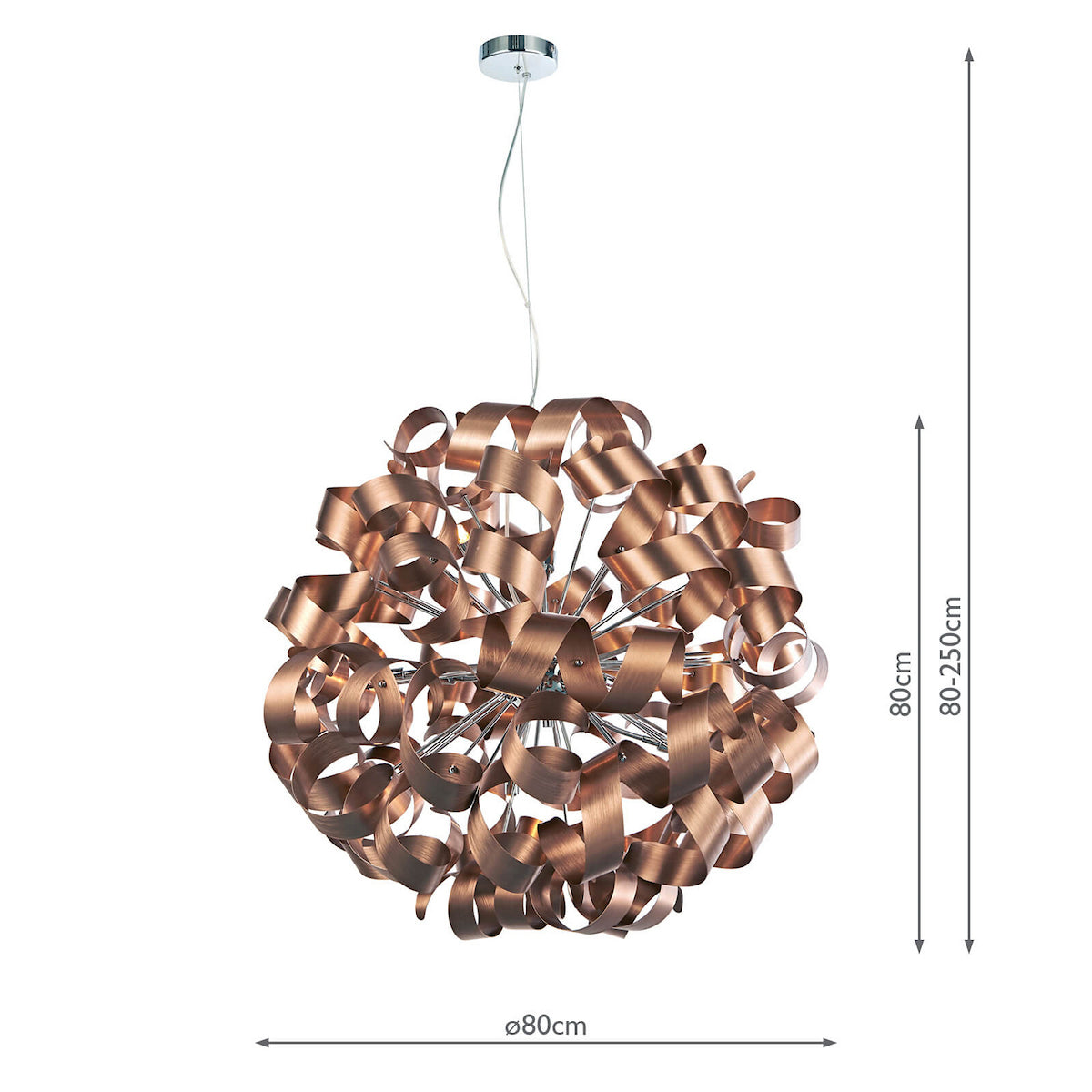 Copper-colored chandelier with curled metal strips forming a spherical shape. It has a chrome ceiling mount.