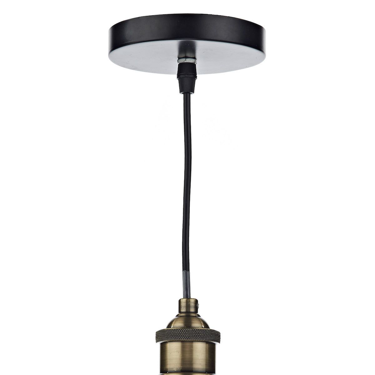 Black ceiling rose with a black cable and an antique brass bulb holder.