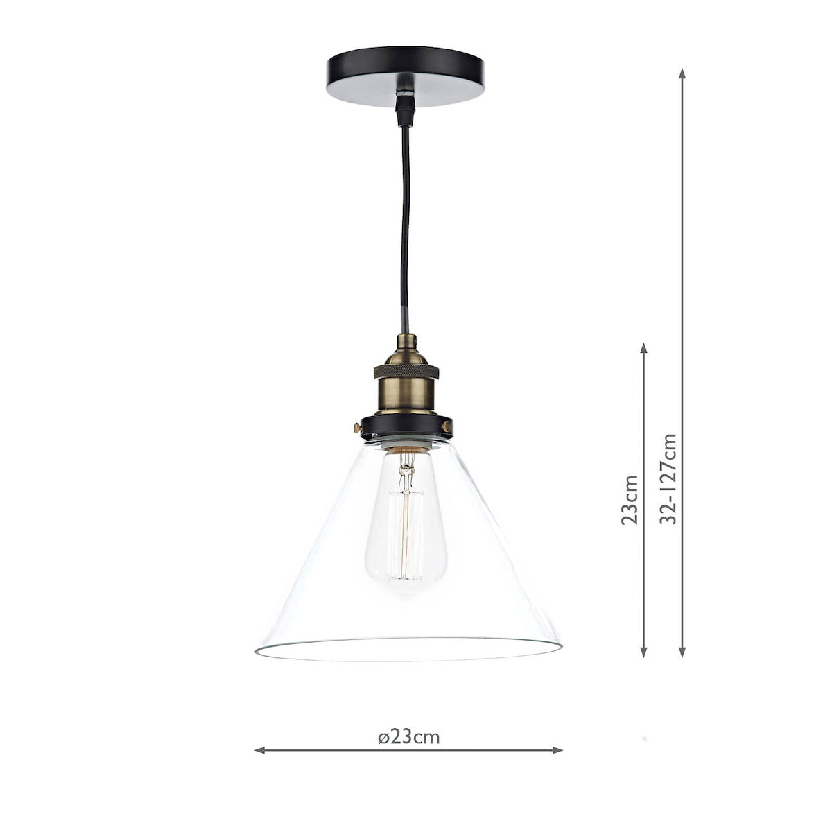 Industrial-style pendant light with a clear glass cone shade and an Edison bulb, showing dimensions.