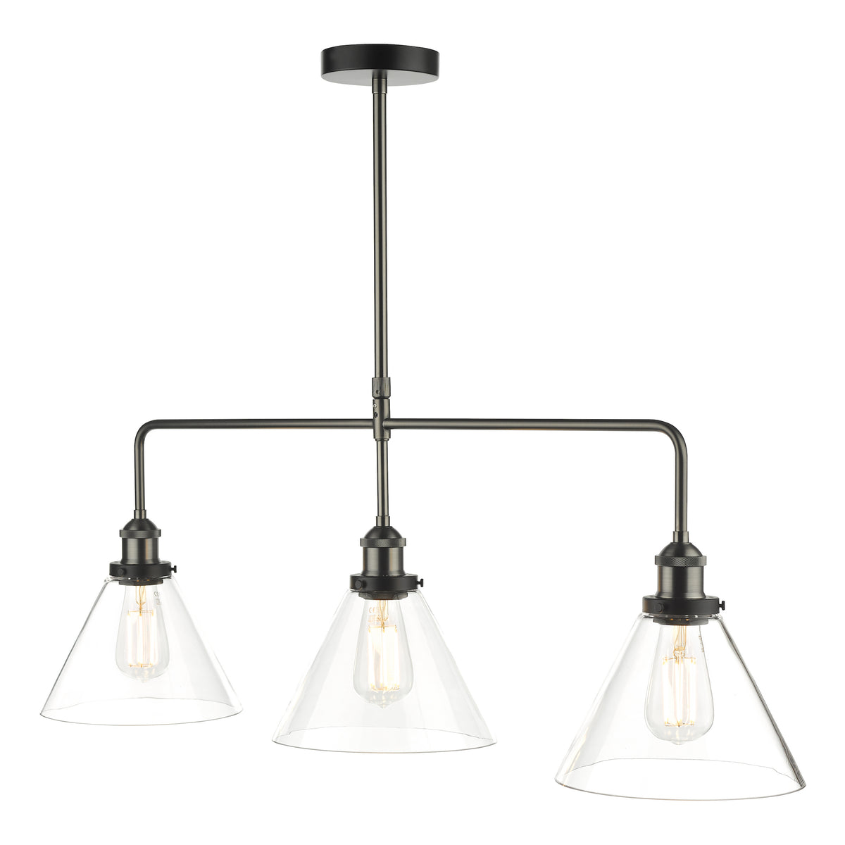 Ray 3 Light Linear Pendant Bar in Antique Nickel with Clear Glass Shades