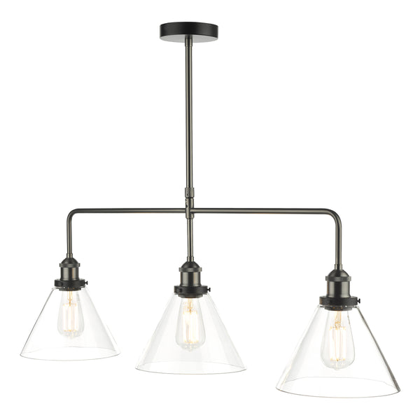 Ray 3 Light Linear Pendant Bar in Antique Nickel with Clear Glass Shades