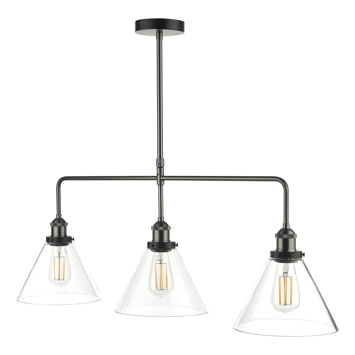 Ray 3 Light Linear Pendant Bar in Antique Nickel with Clear Glass Shades