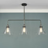 Ray 3 Light Linear Pendant Bar in Antique Nickel with Clear Glass Shades