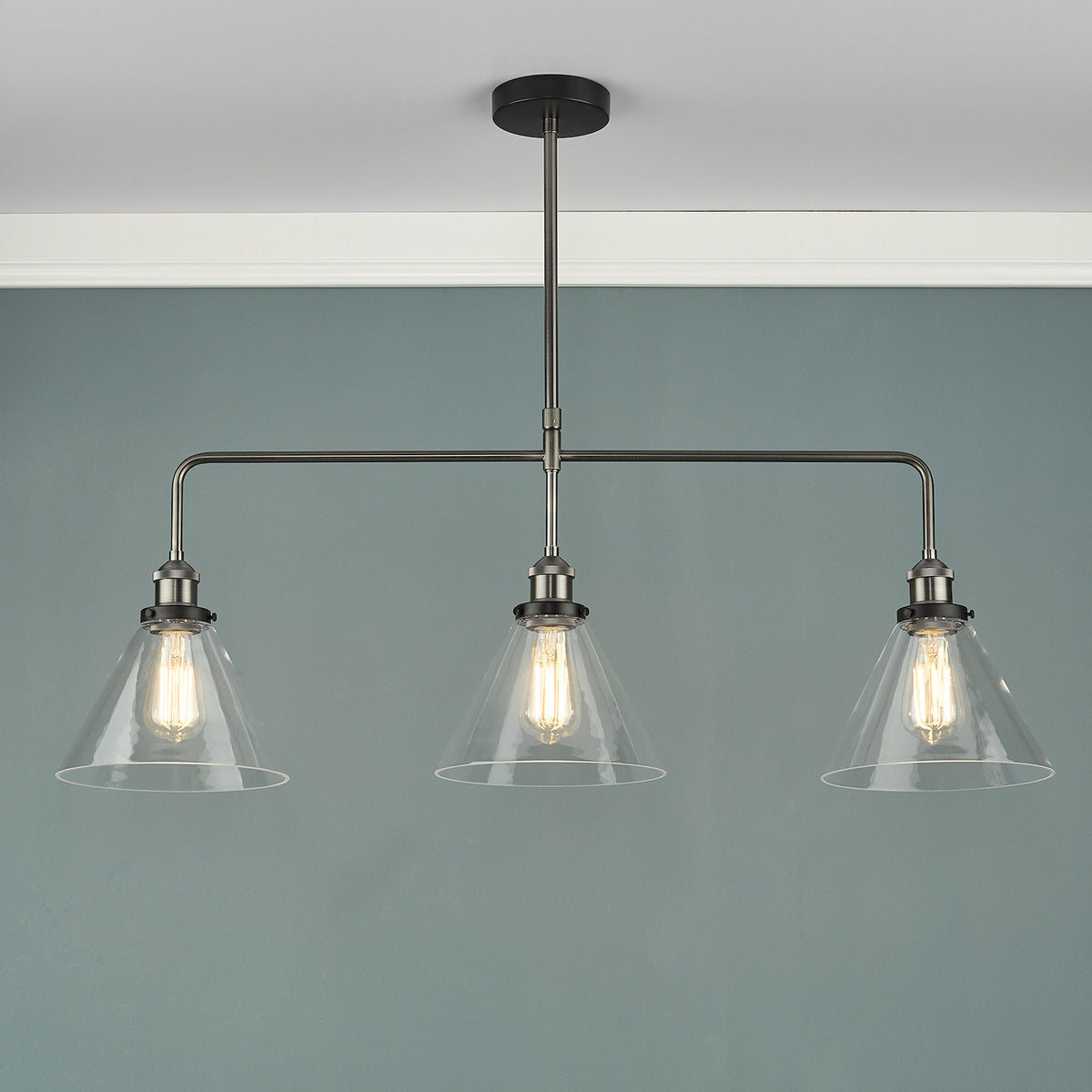 Ray 3 Light Linear Pendant Bar in Antique Nickel with Clear Glass Shades