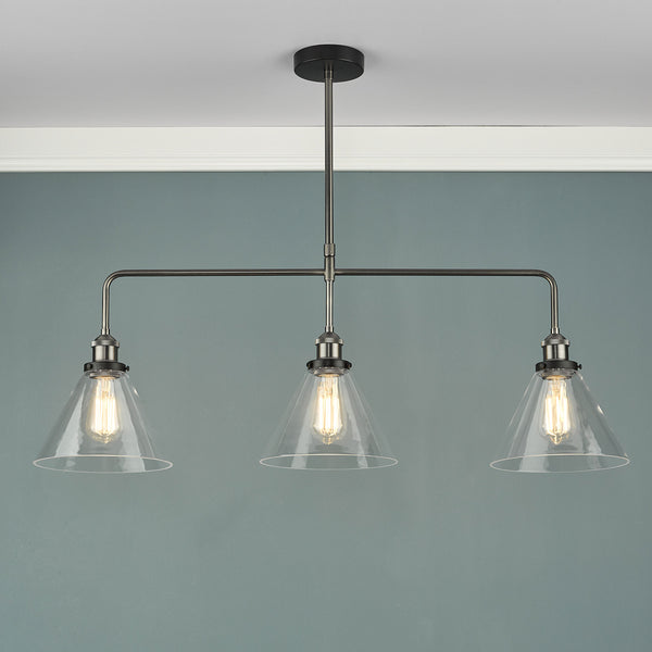 Ray 3 Light Linear Pendant Bar in Antique Nickel with Clear Glass Shades