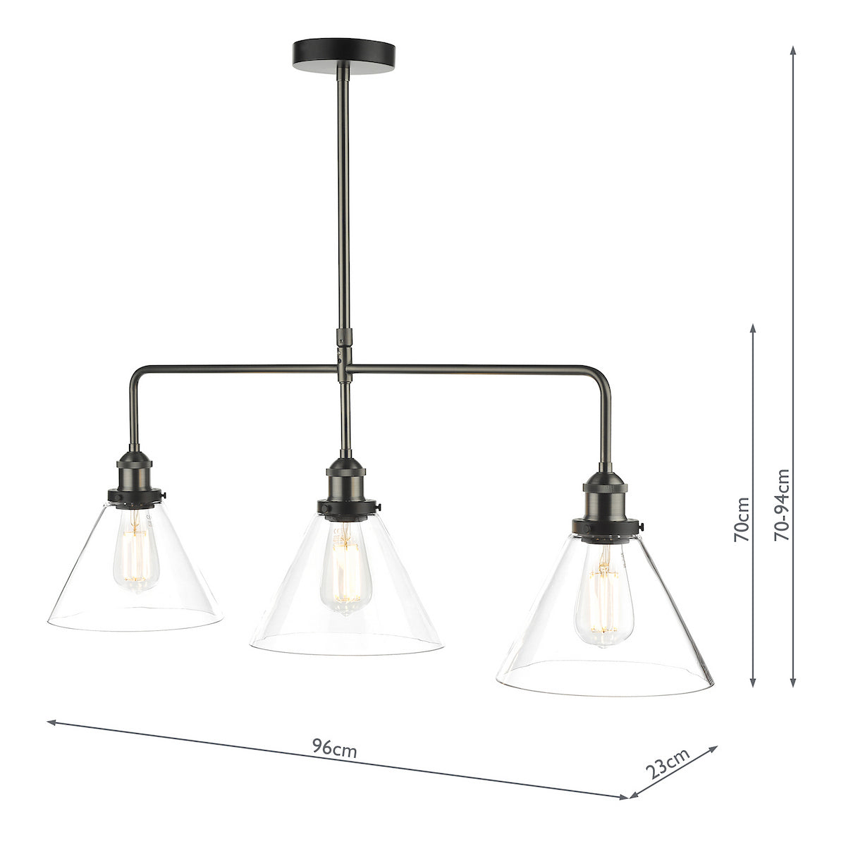 Ray 3 Light Linear Pendant Bar in Antique Nickel with Clear Glass Shades