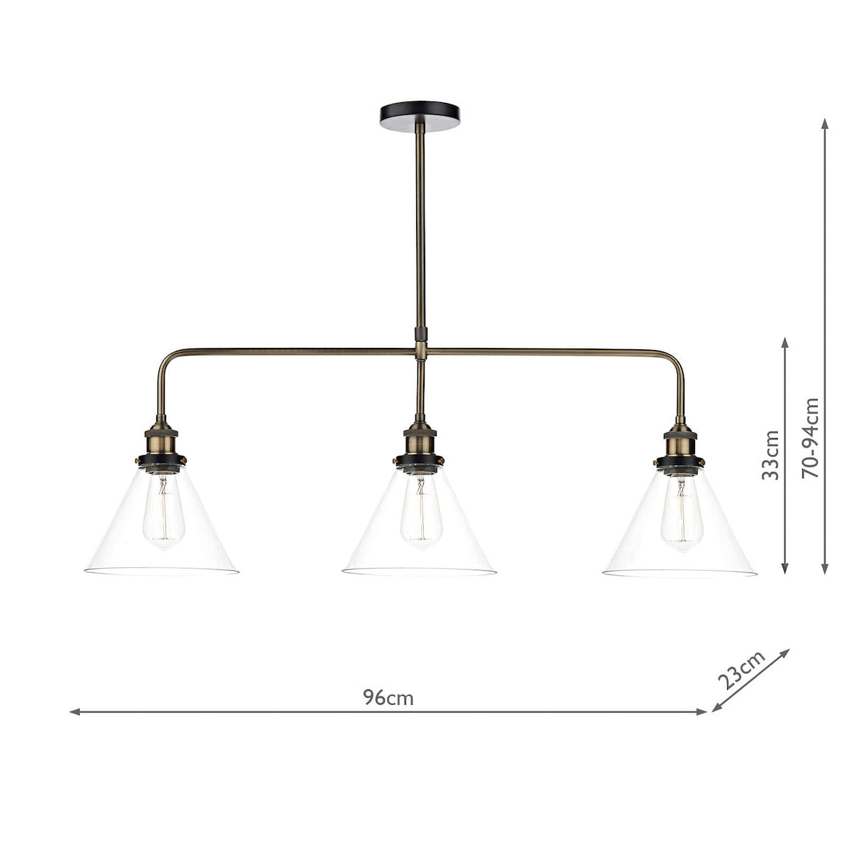 Three-light linear pendant with clear glass shades and antique brass finish, dimensions shown.