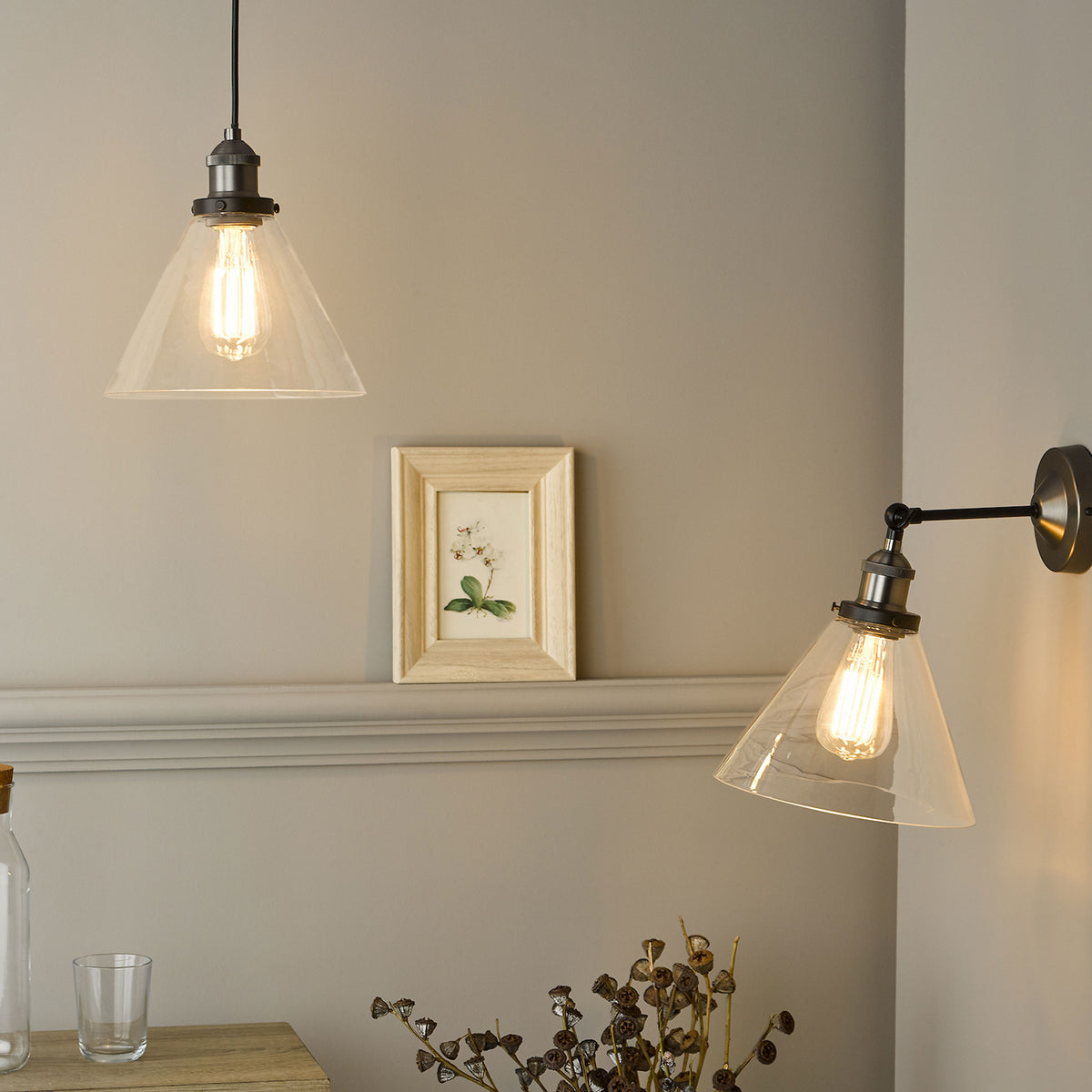 Ray Wall Light in Antique Nickel with Clear Glass Shade