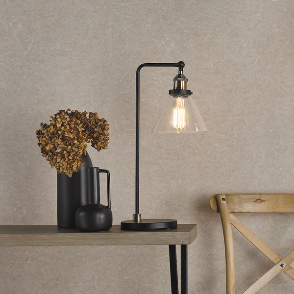 Ray Table Lamp in Antique Brass with Clear Glass Shade