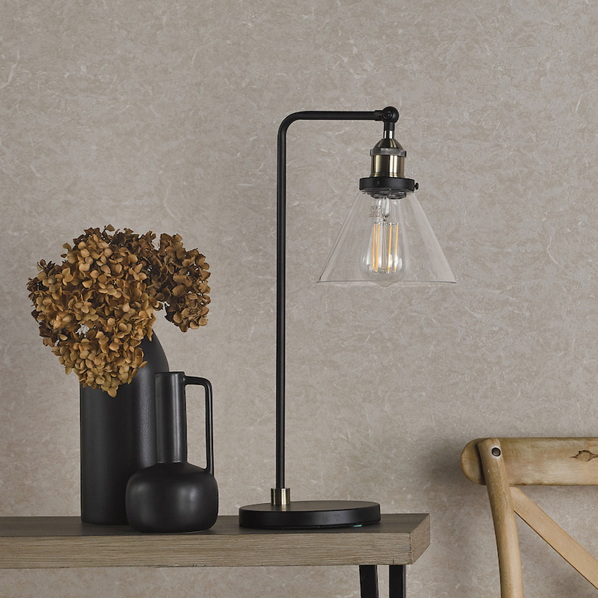 Ray Table Lamp in Antique Brass with Clear Glass Shade