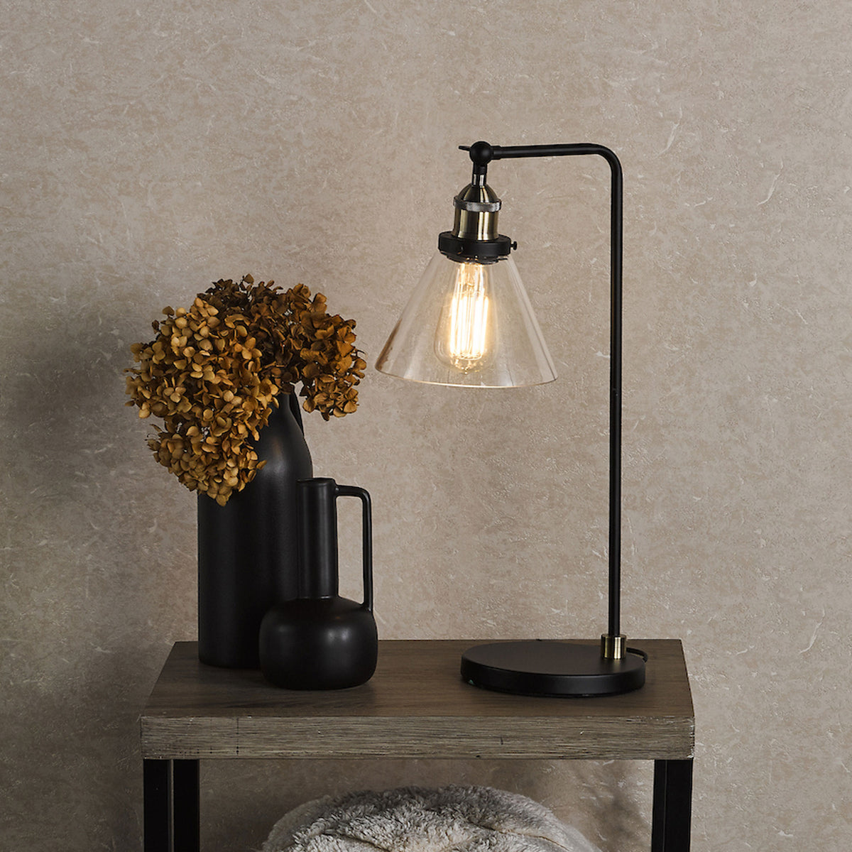 Ray Table Lamp in Antique Brass with Clear Glass Shade