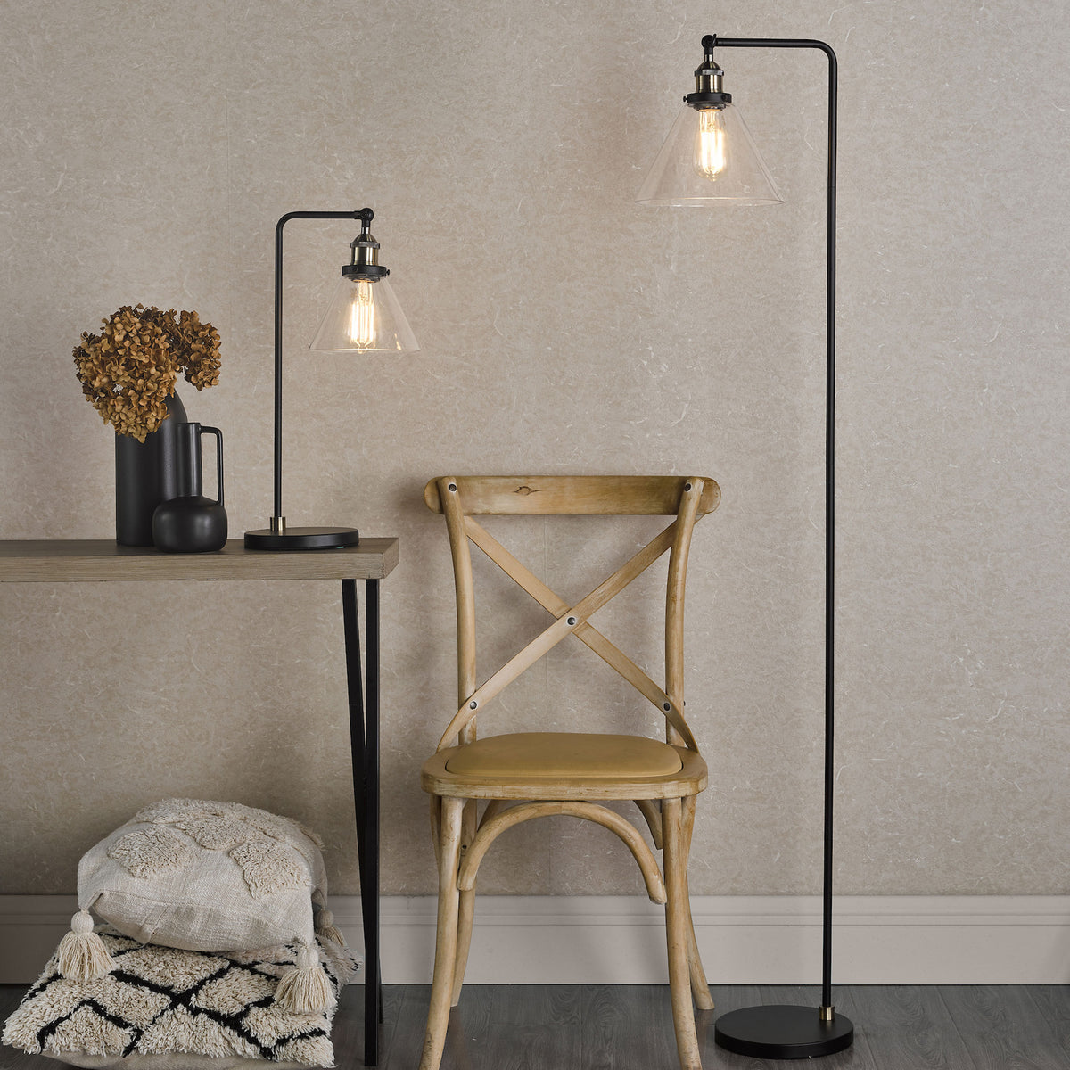 Ray Floor Lamp in Antique Brass with Clear Glass Shade