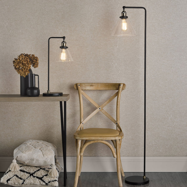 Ray Floor Lamp in Antique Brass with Clear Glass Shade