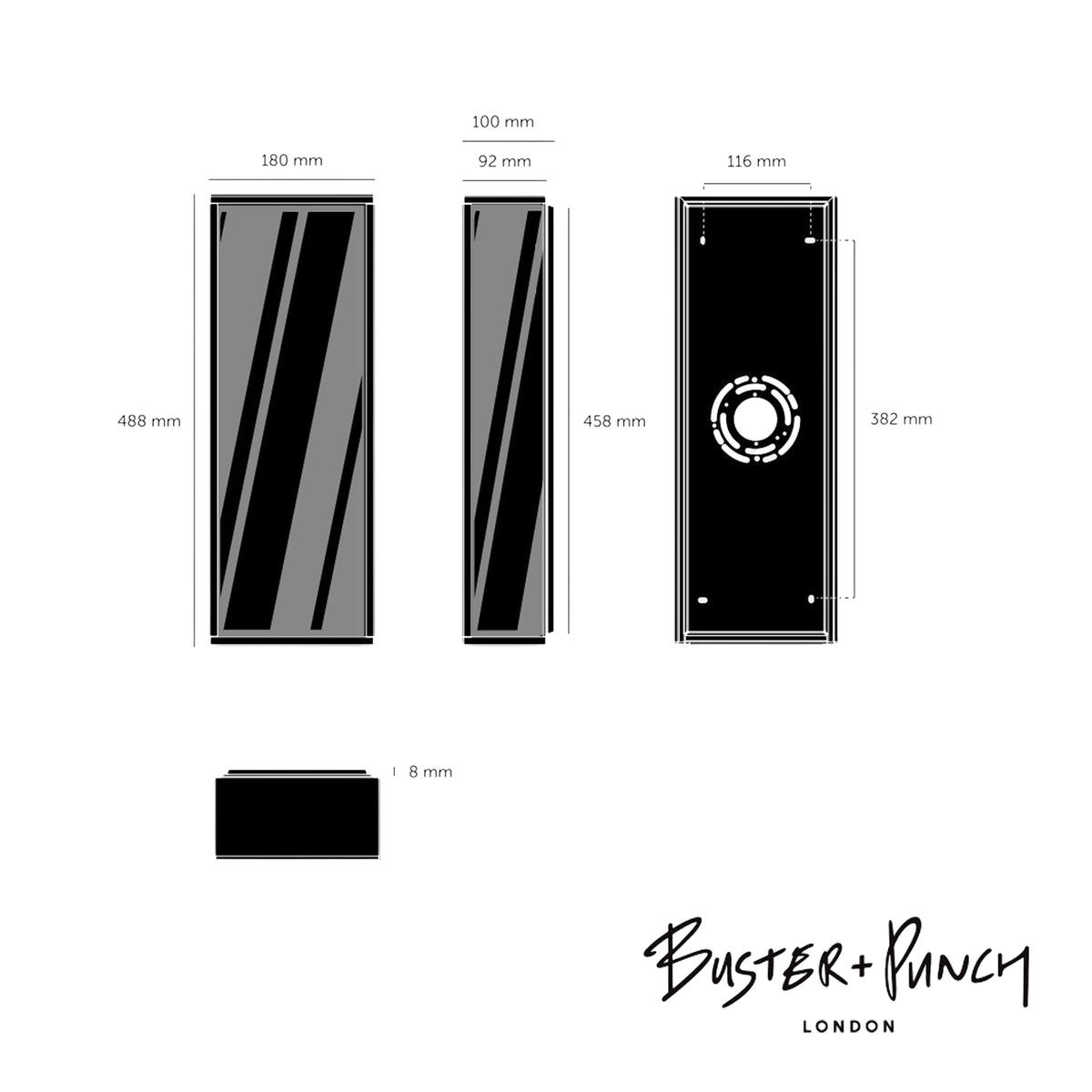 Technical drawing of a rectangular black metal plate with dimensions