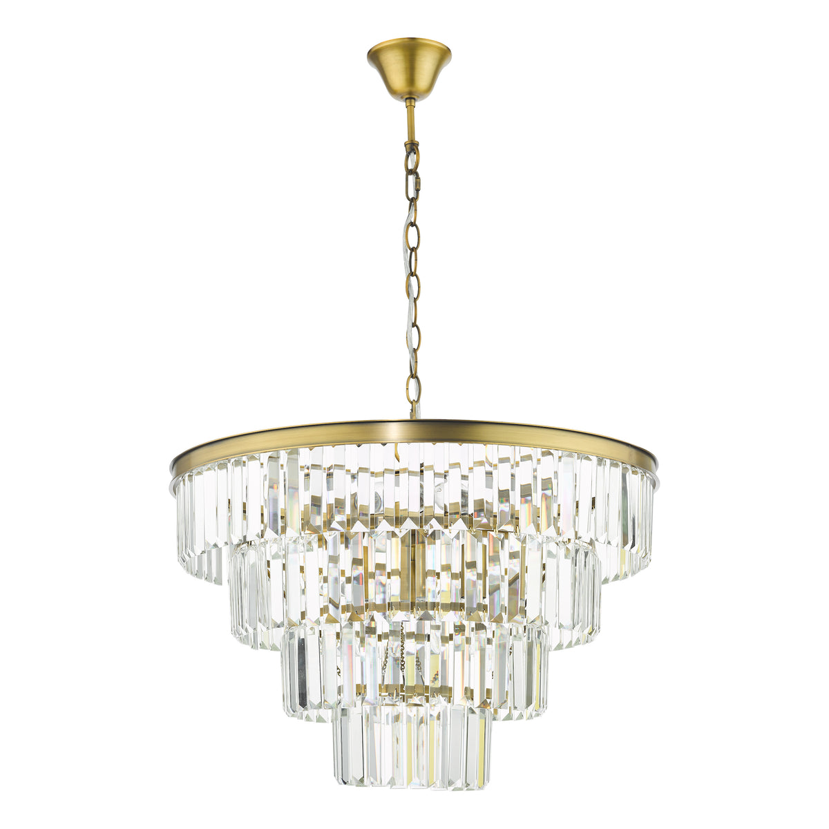 Tiered crystal chandelier with an antique brass finish