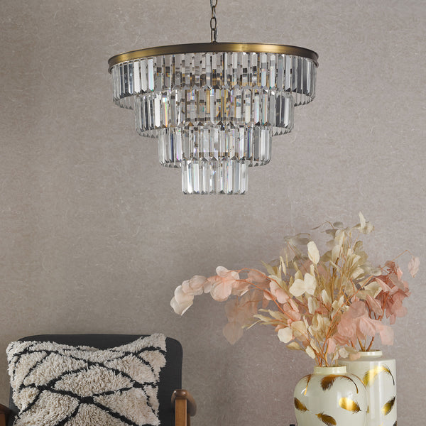 Rhapsody Six Light Chandelier in Natural Brass with Bevelled Crystals