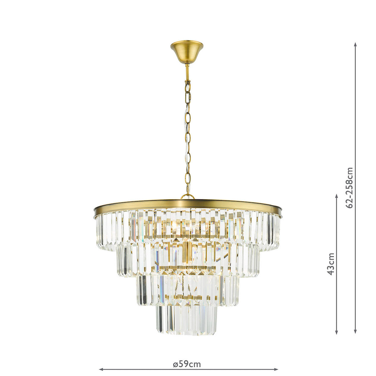 Brass chandelier with three tiers of rectangular crystal prisms and dimensions
