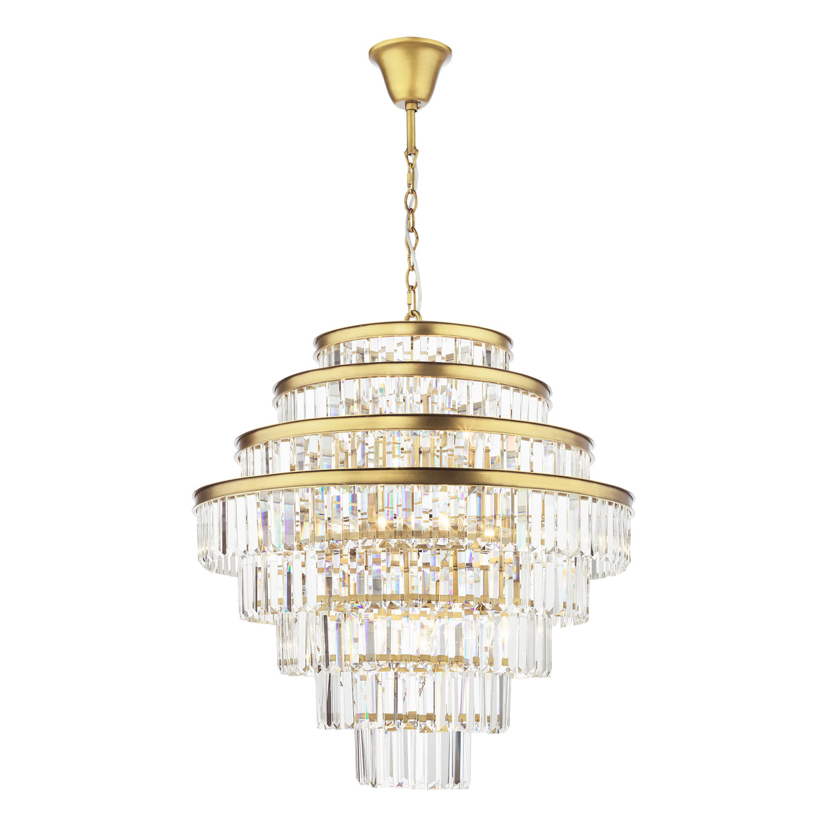 Tiered crystal chandelier with gold-finished frame and chain