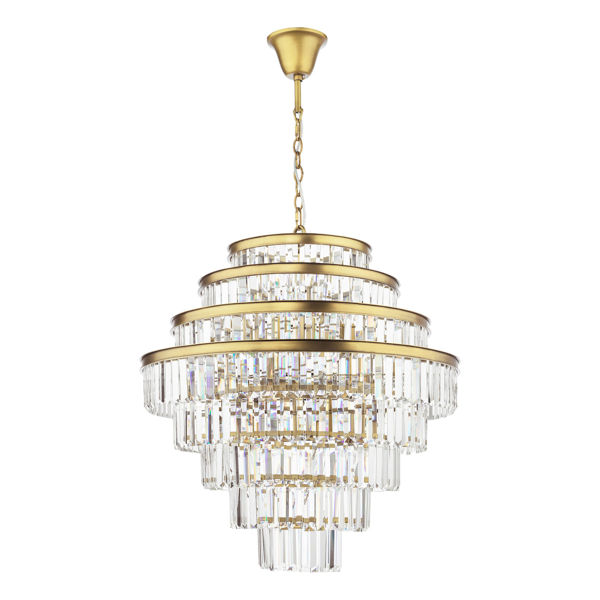 Tiered crystal chandelier with gold-finished frame and chain