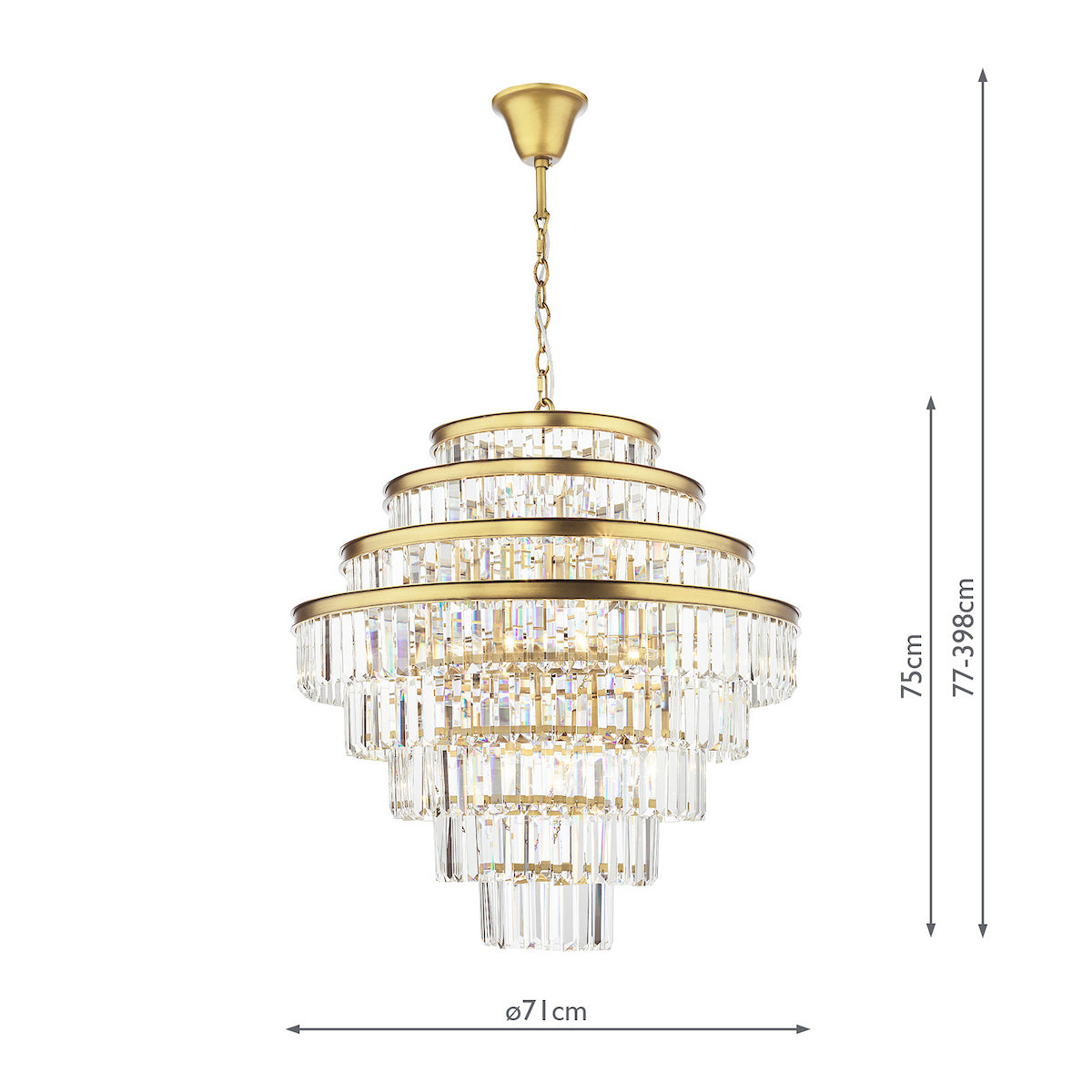 Tiered crystal chandelier with gold frame and dimensions 71cm diameter, 75cm height, 77-398cm total drop