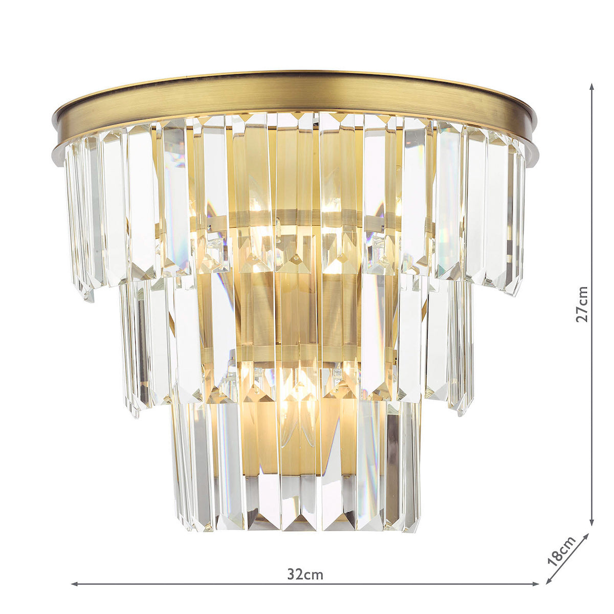 Tiered crystal wall light with a brass finish and dimensions of 27cm height, 32cm width, 18cm depth