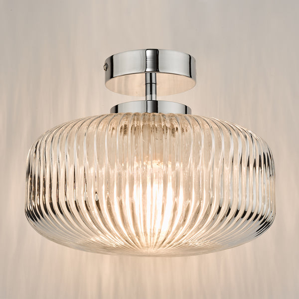 Riva IP44 Semi Flush Ceiling Light In Polished Chrome With Ribbed Glass Shade