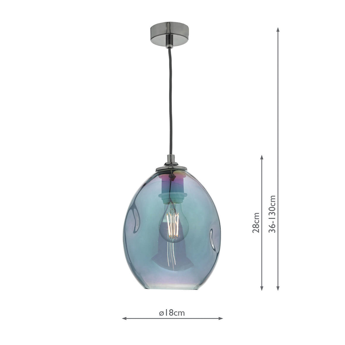 Iridescent glass pendant light with a visible filament bulb and measurement annotations.