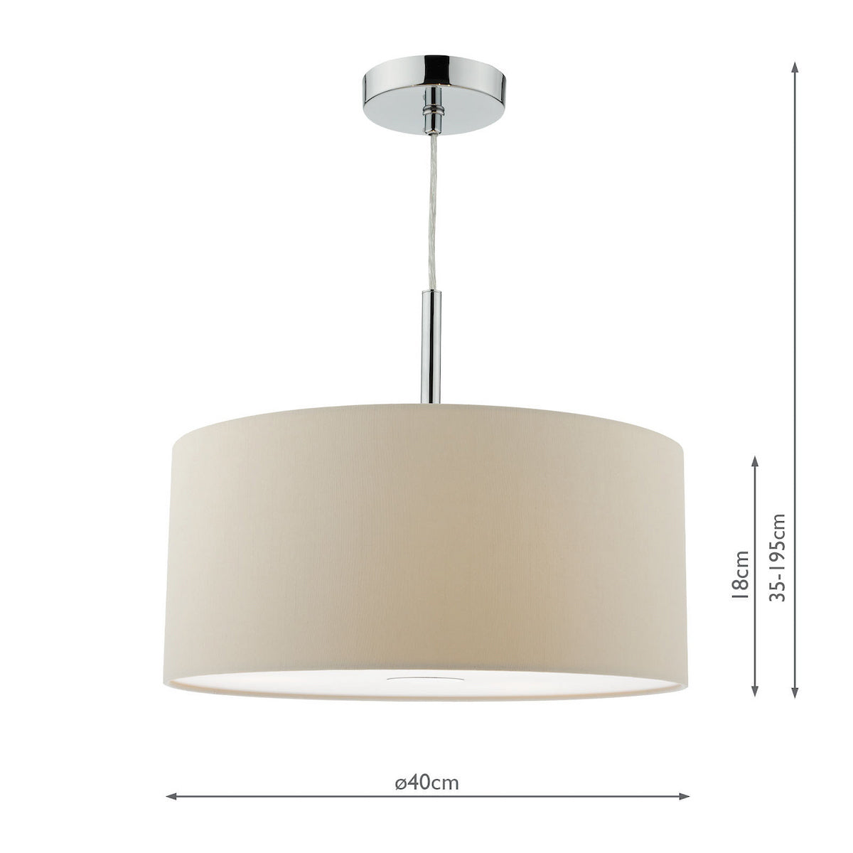 Cream fabric drum pendant light with chrome accents and dimensions.