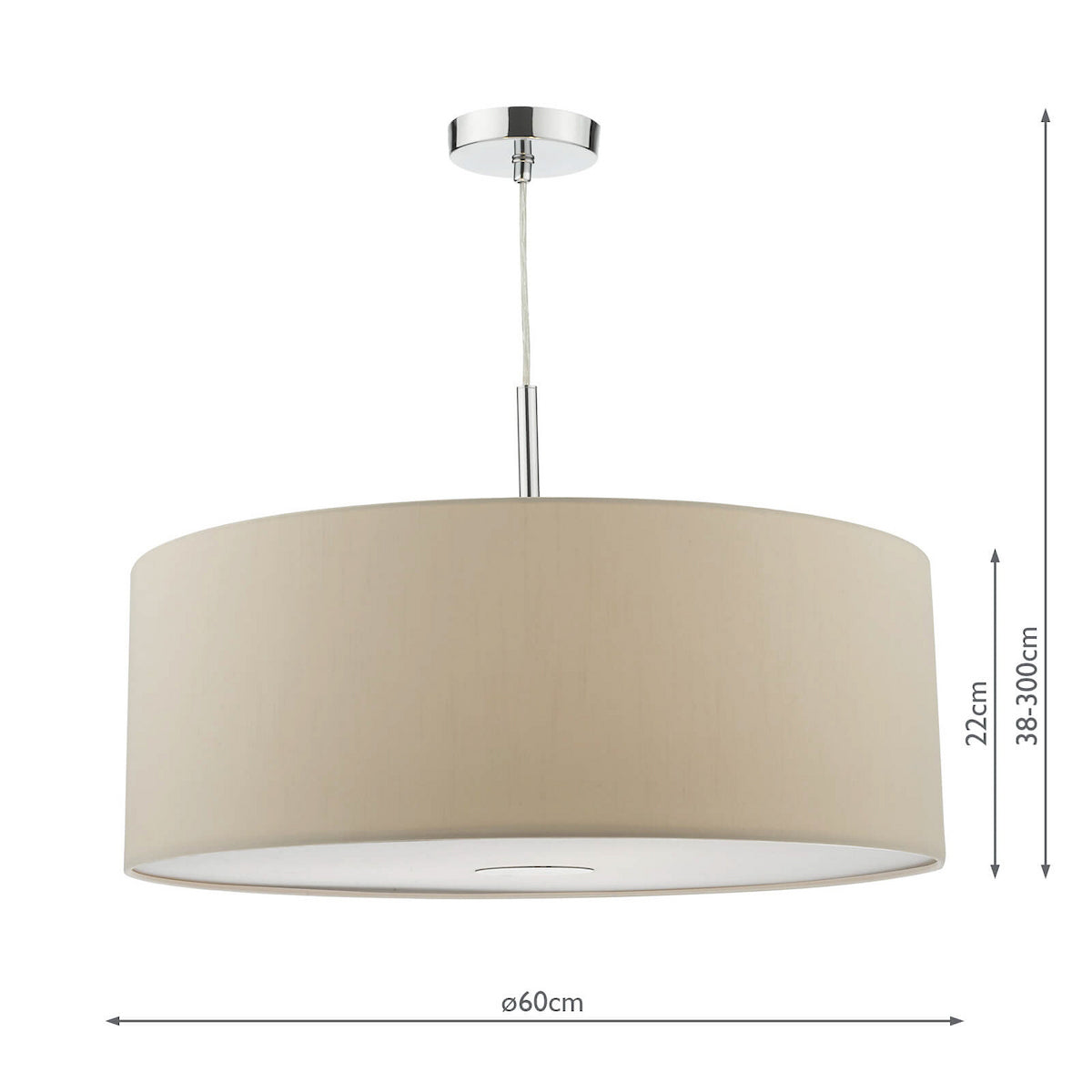 Beige drum pendant light with chrome accents and dimensions shown.