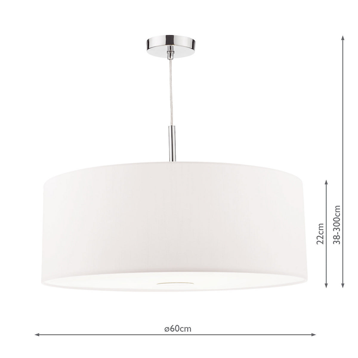 White drum pendant light with chrome accents and dimensions shown.