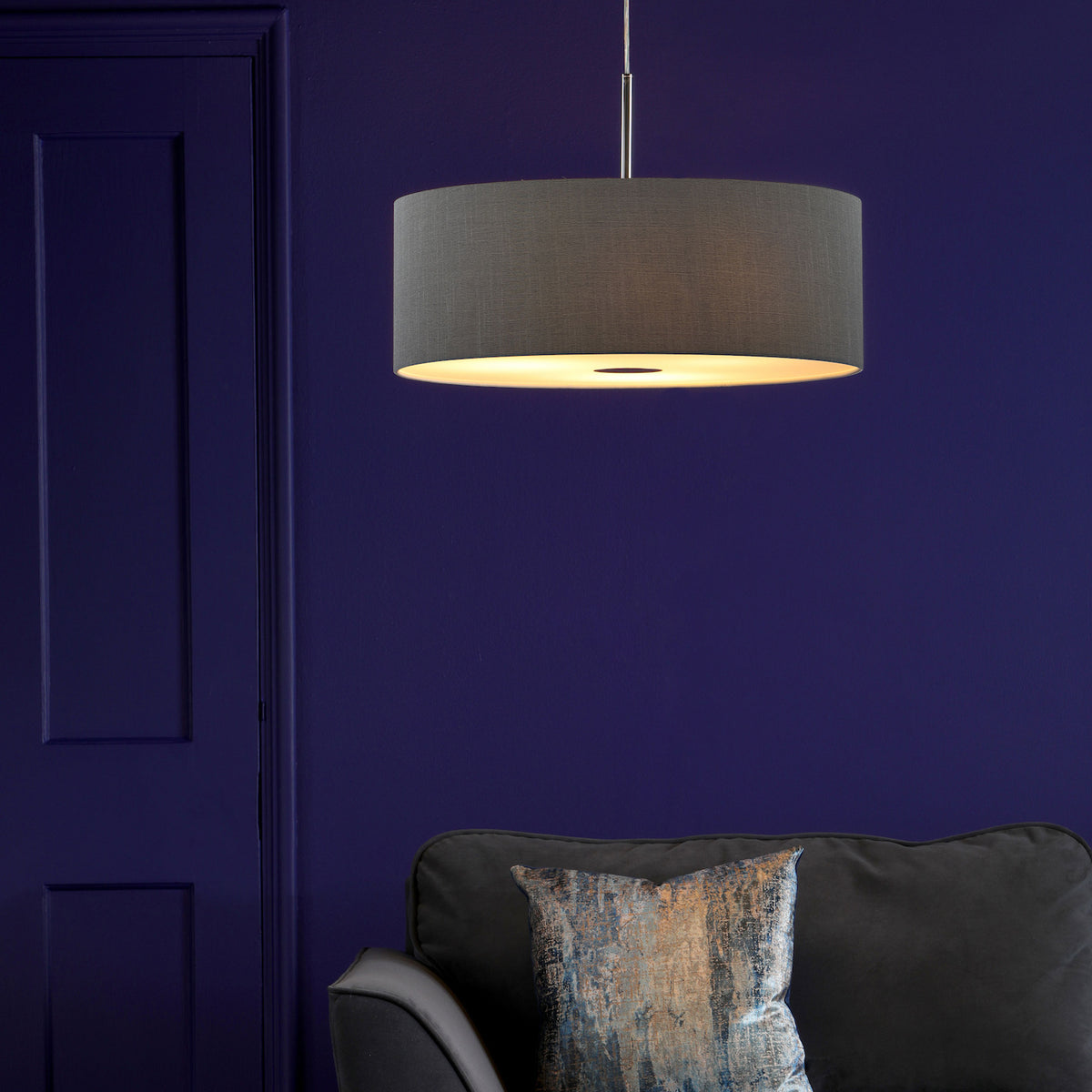 Ronda Three Light Large Faux Silk Pendant in Slate Grey
