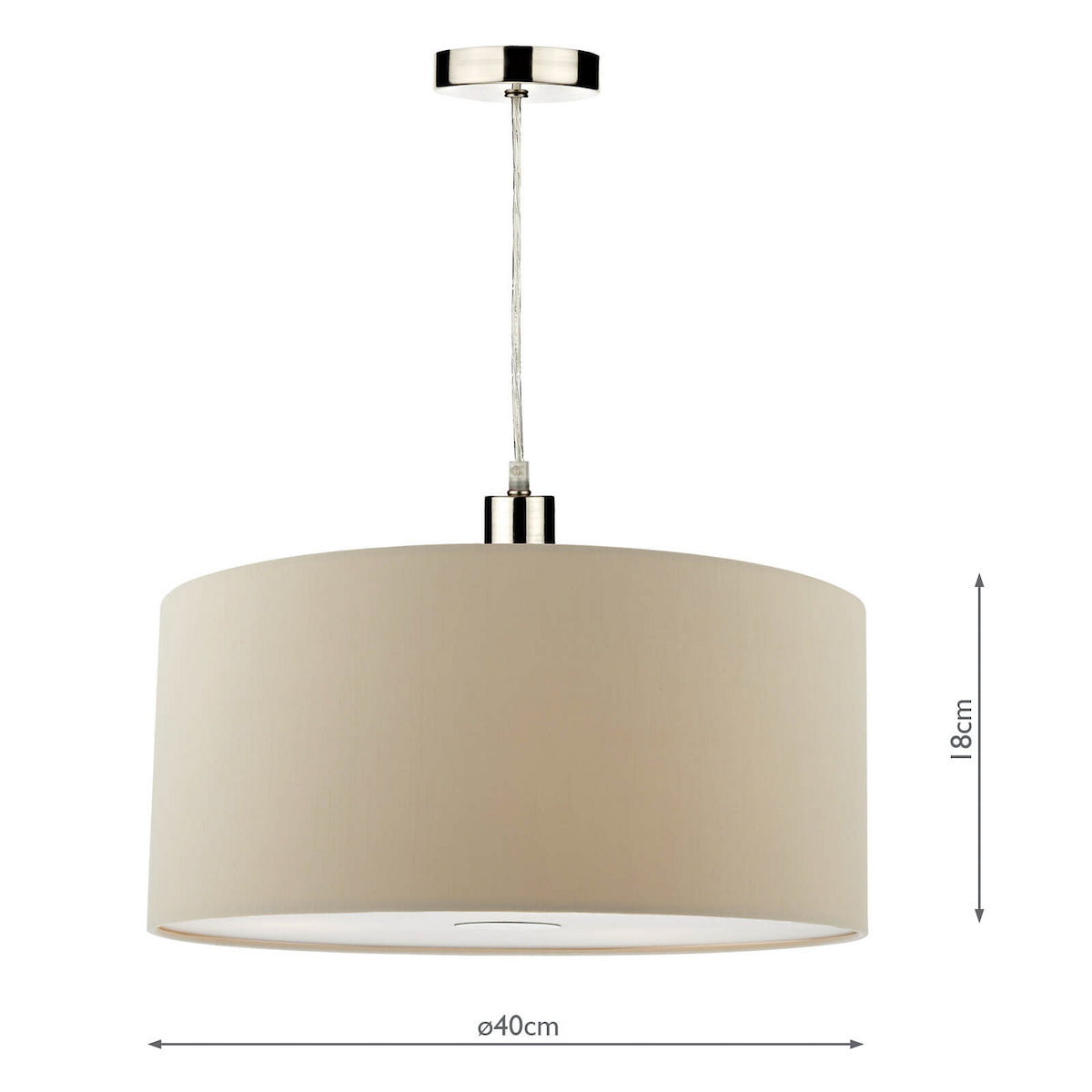 Cream drum pendant light with chrome fittings, 40cm diameter and 18cm height.