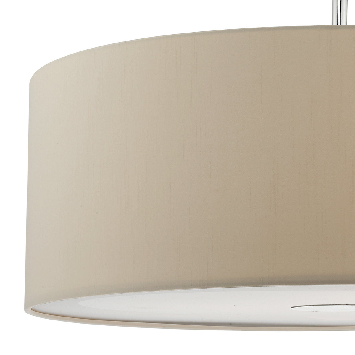 Close-up of a beige drum lampshade with a white diffuser, suspended from a chrome rod.