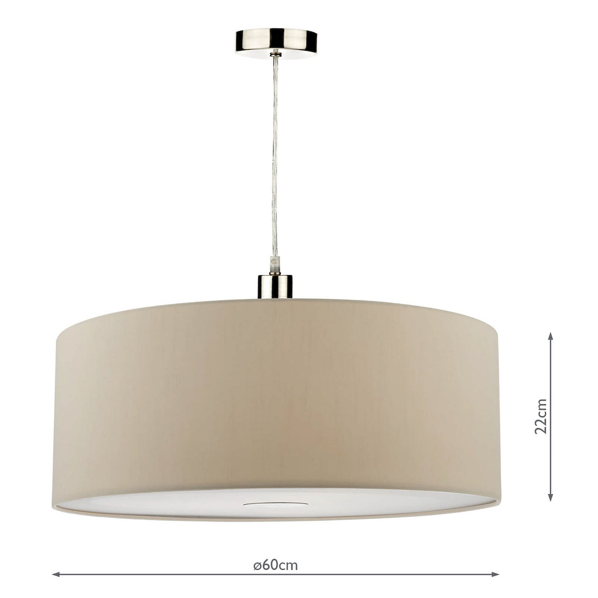 Beige drum pendant light with chrome accents and dimensions of 60cm diameter and 22cm height.