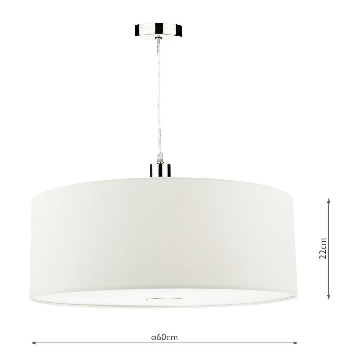 White drum pendant light with chrome accents, 60cm diameter and 22cm height.