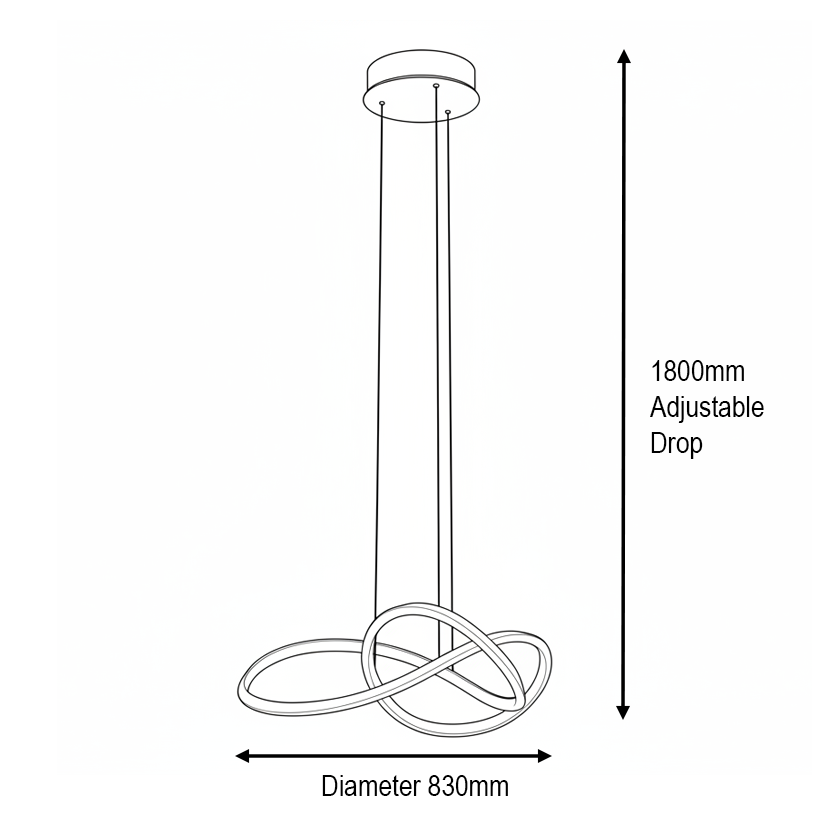 Line drawing of a pendant light with an adjustable drop of 1800mm and a diameter of 830mm