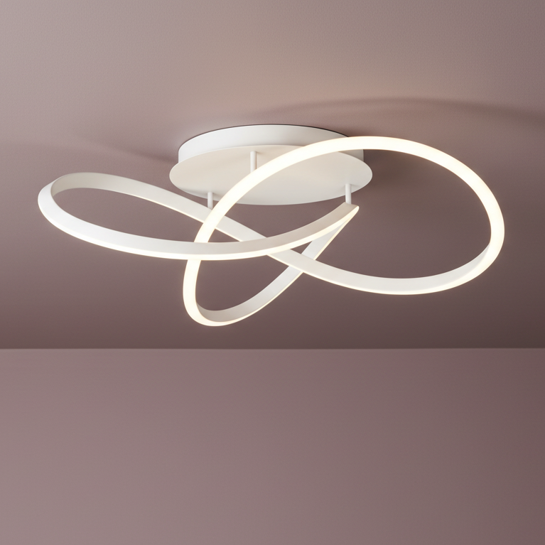 White ceiling light with three intertwined illuminated rings