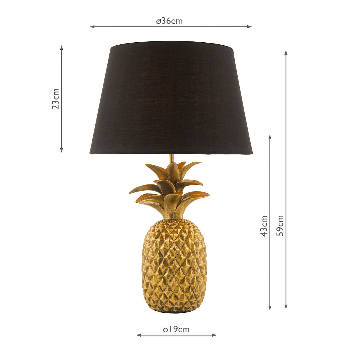 Gold pineapple table lamp with a black shade, showing dimensions of 59cm height and 36cm shade diameter.
