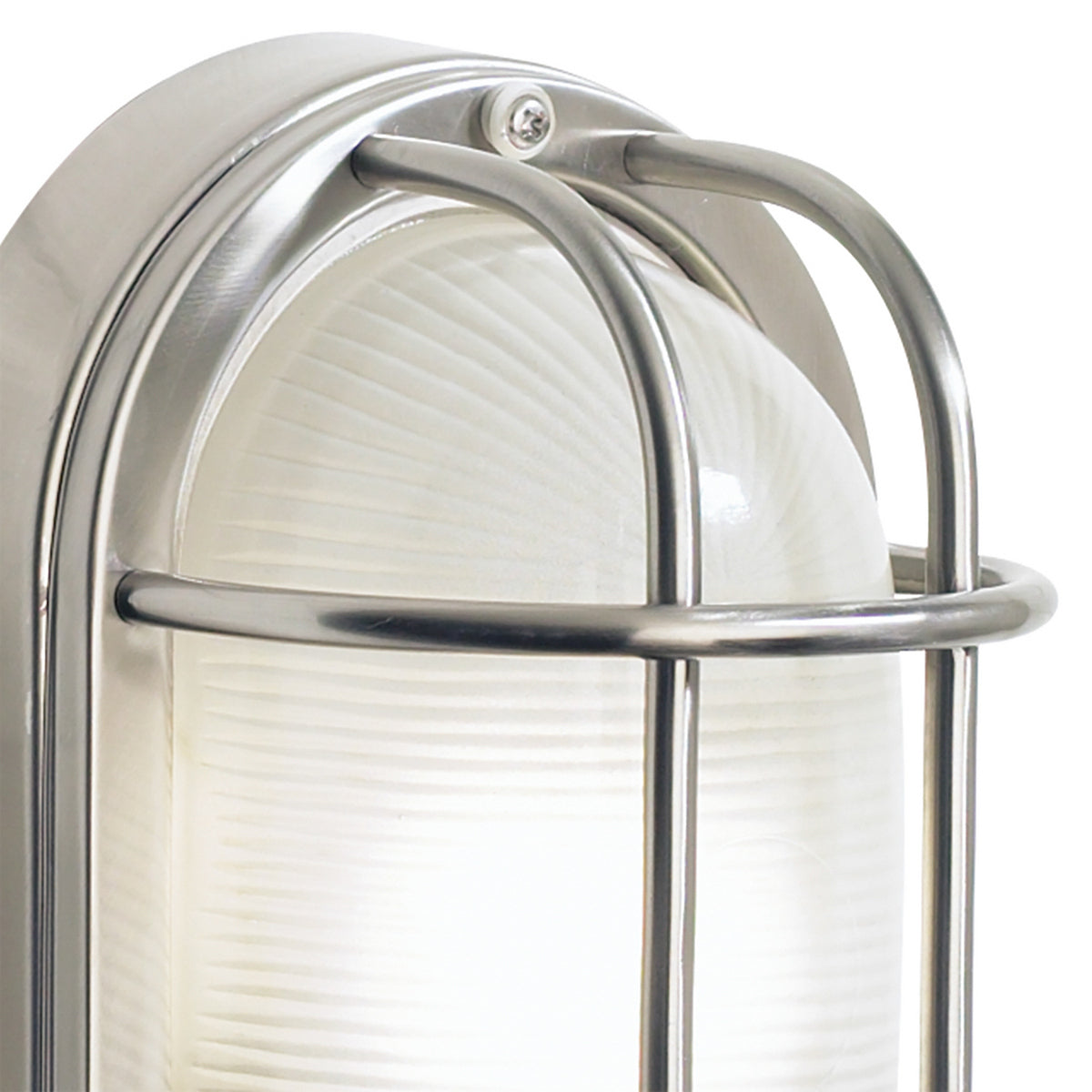 Close-up of a brushed nickel outdoor wall light with a ribbed glass shade and protective cage.