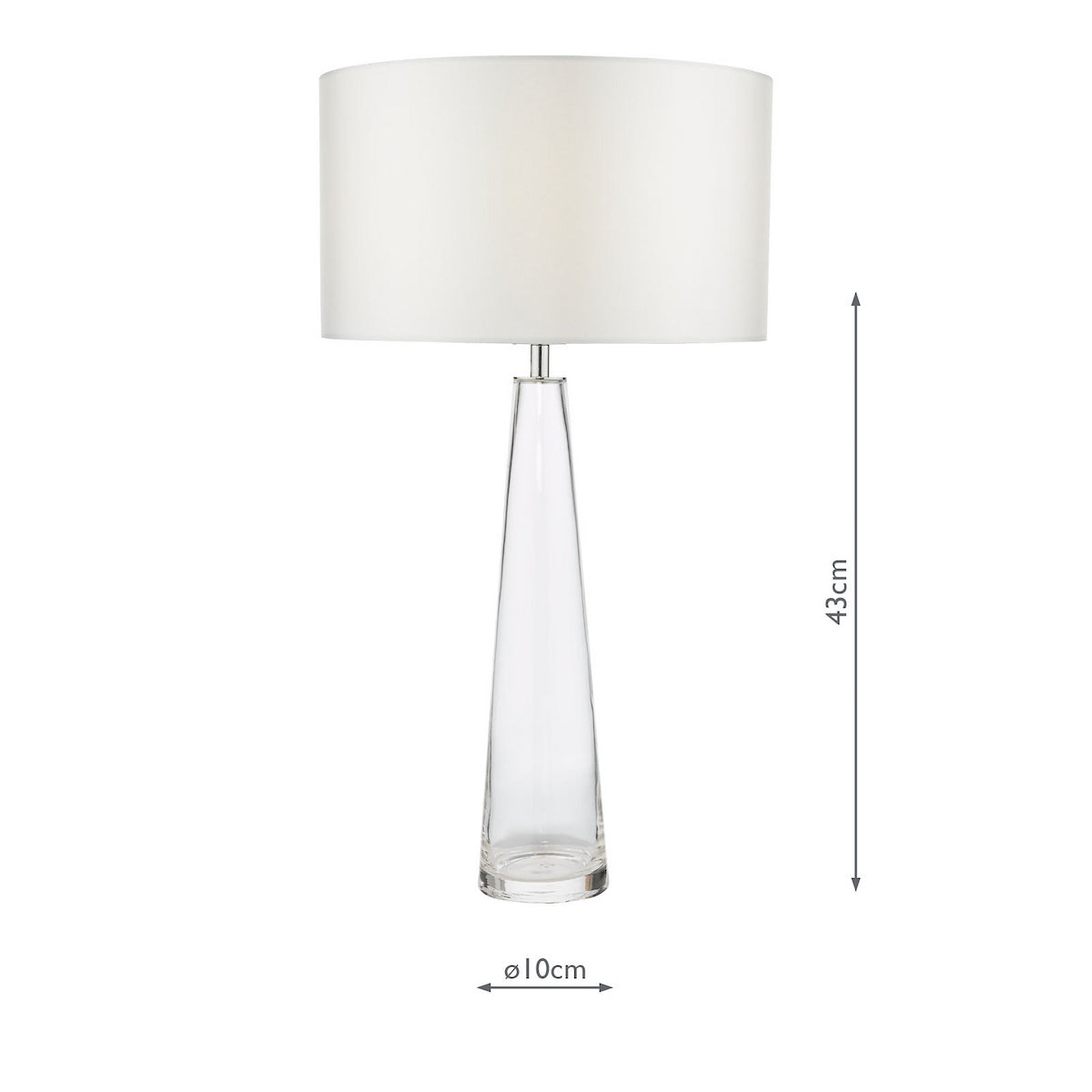 Clear glass table lamp with a white drum shade and measurements for height and base diameter.