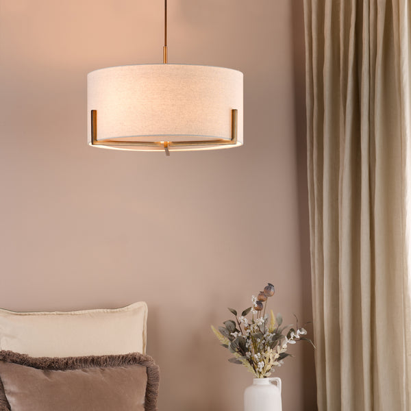 Santino Three Light Pendant in Antique Bronze with Natural Linen Shade
