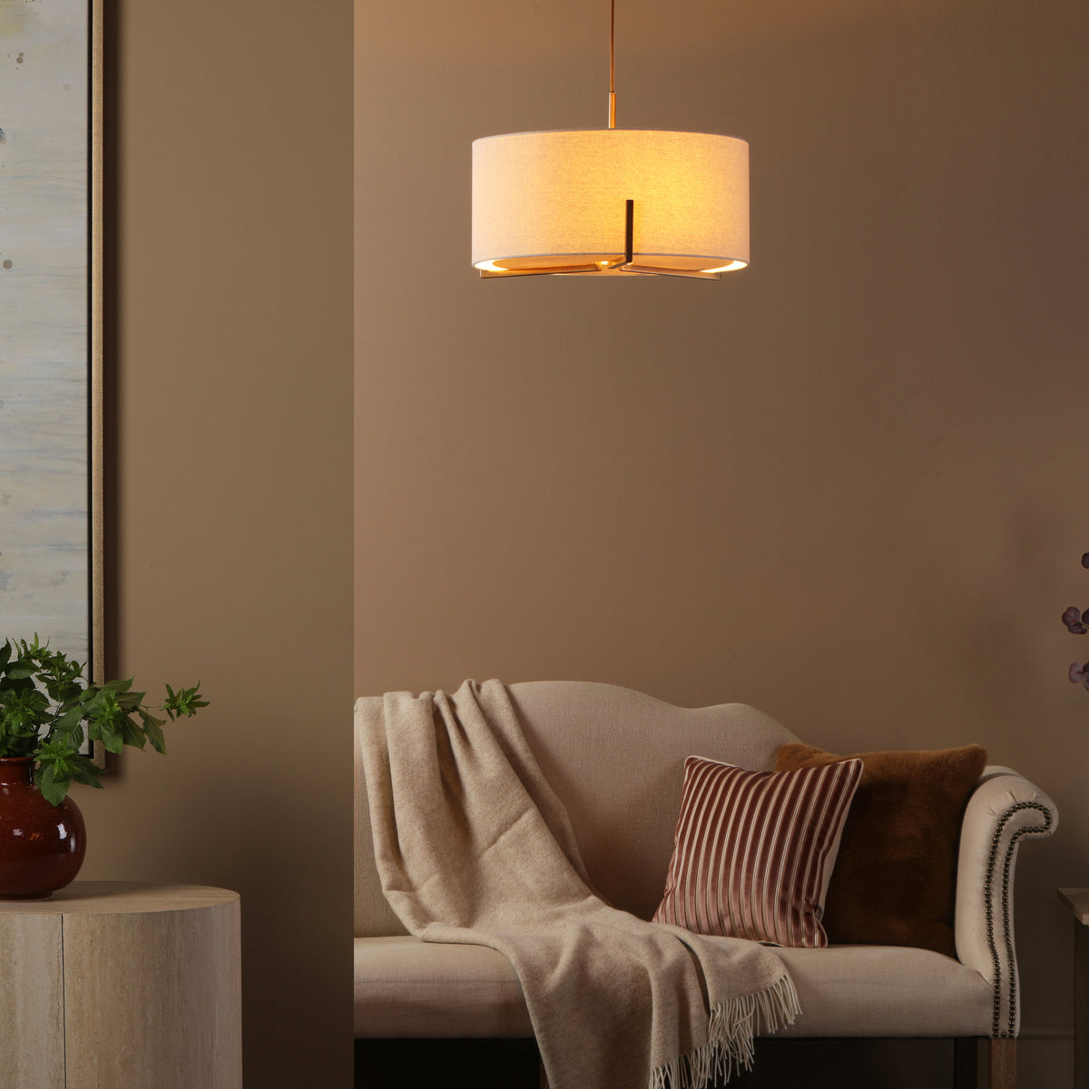 Santino Three Light Pendant in Antique Bronze with Natural Linen Shade