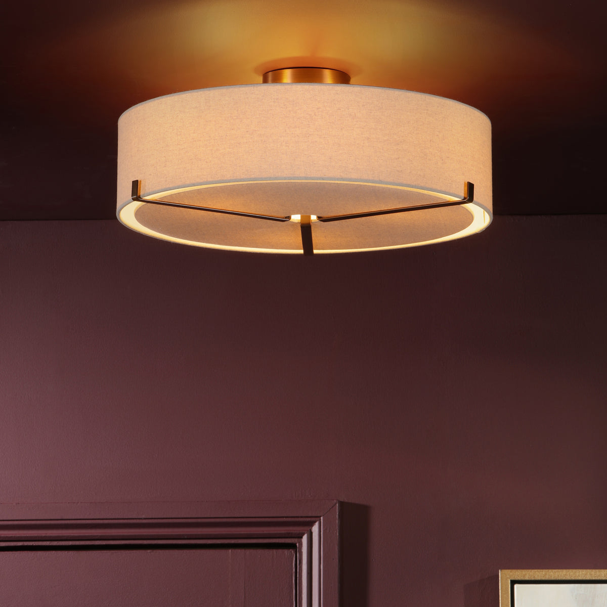 Santino Three Light Semi-Flush Ceiling Light in Antique Bronze with Natural Linen Shade