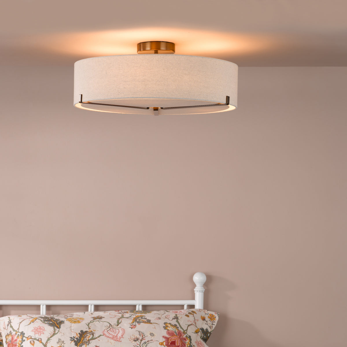 Santino Three Light Semi-Flush Ceiling Light in Antique Bronze with Natural Linen Shade