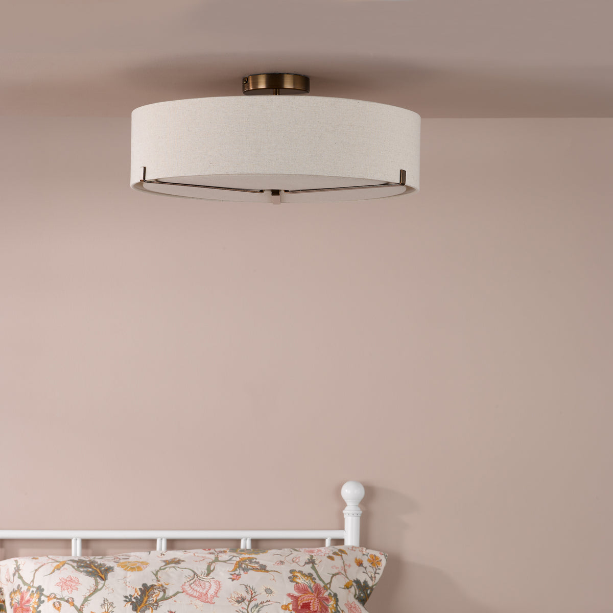 Santino Three Light Semi-Flush Ceiling Light in Antique Bronze with Natural Linen Shade