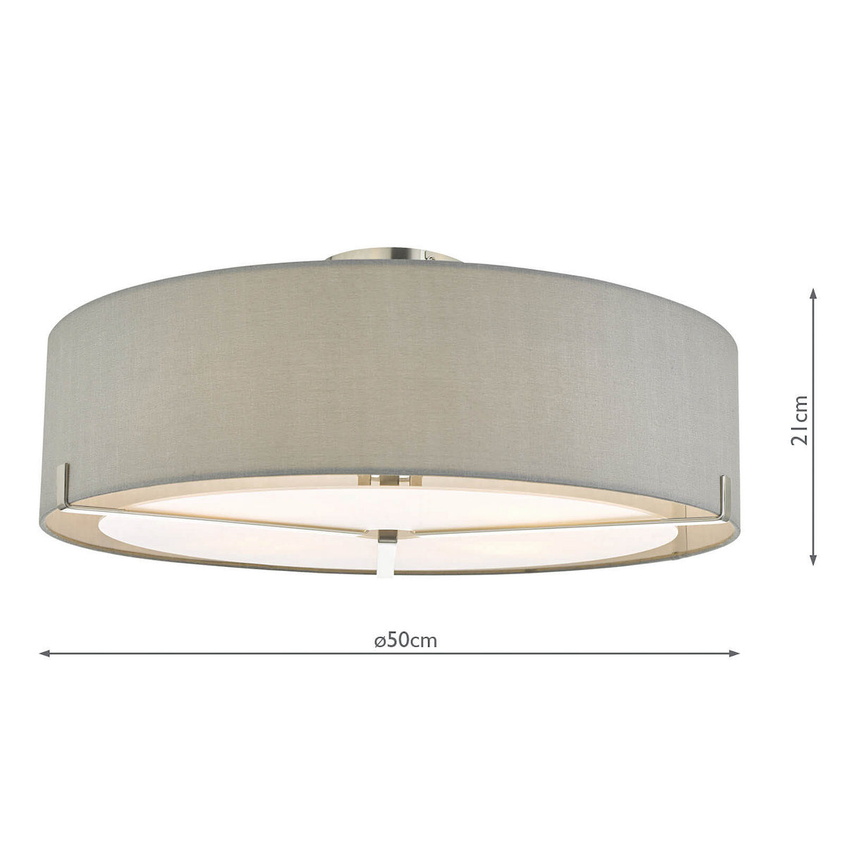 Light gray fabric ceiling light with a diffuser and brushed nickel accents. It measures 50cm in diameter and 21cm high.