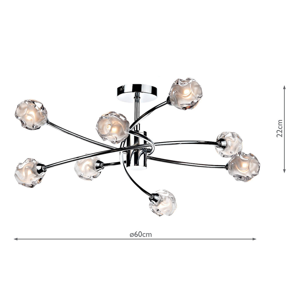 Chrome ceiling light with eight wavy glass shades, 60cm diameter, 22cm height.