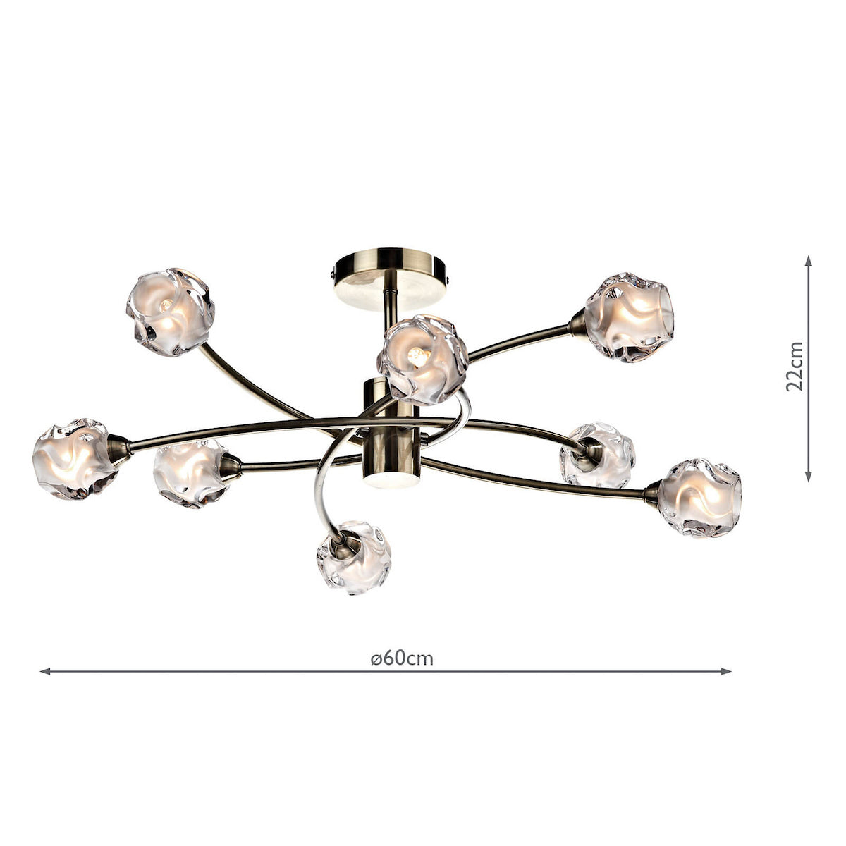 Eight-light ceiling fixture with clear, textured glass shades and a bronze finish.