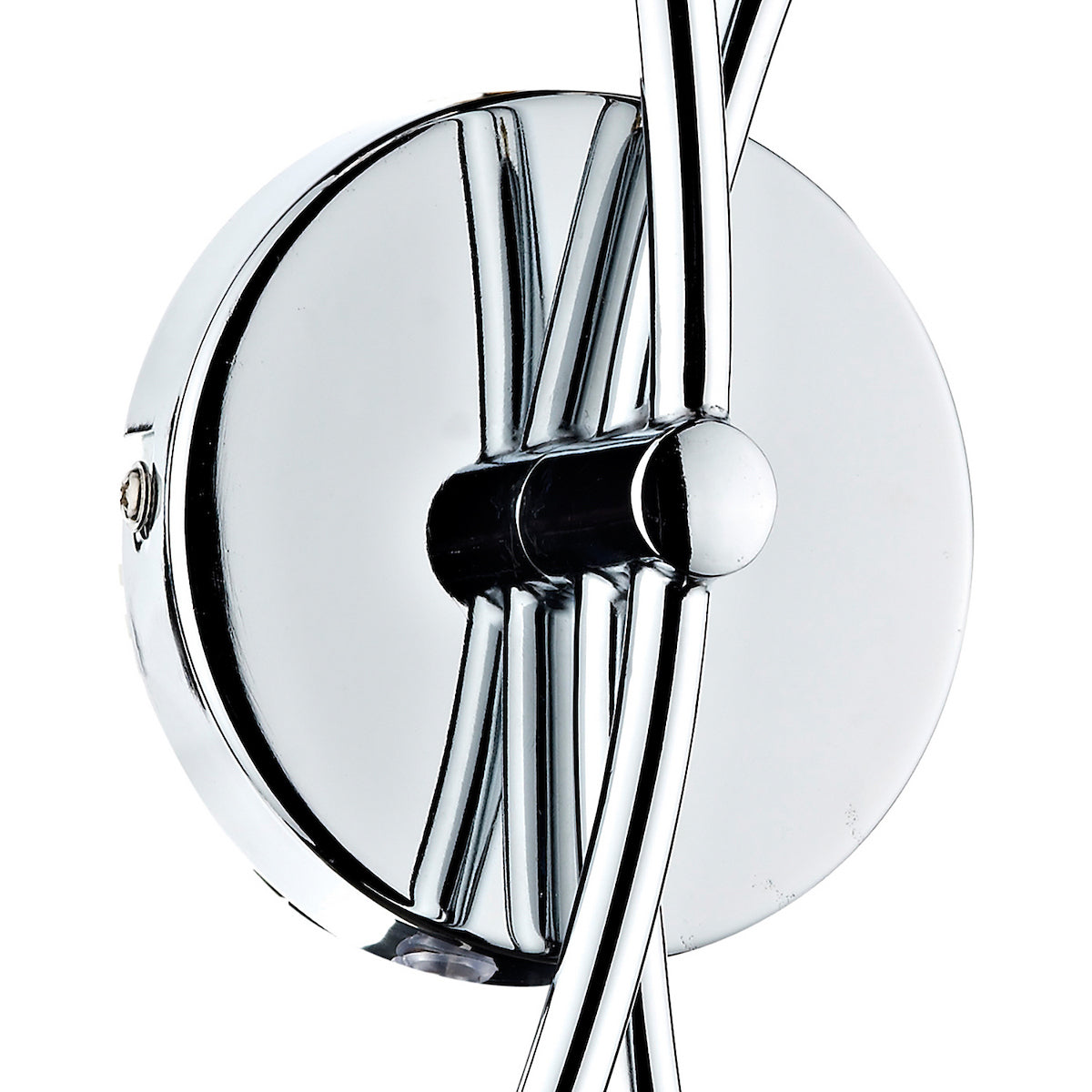 Close-up of a shiny chrome circular base with several curved chrome rods extending from its center.