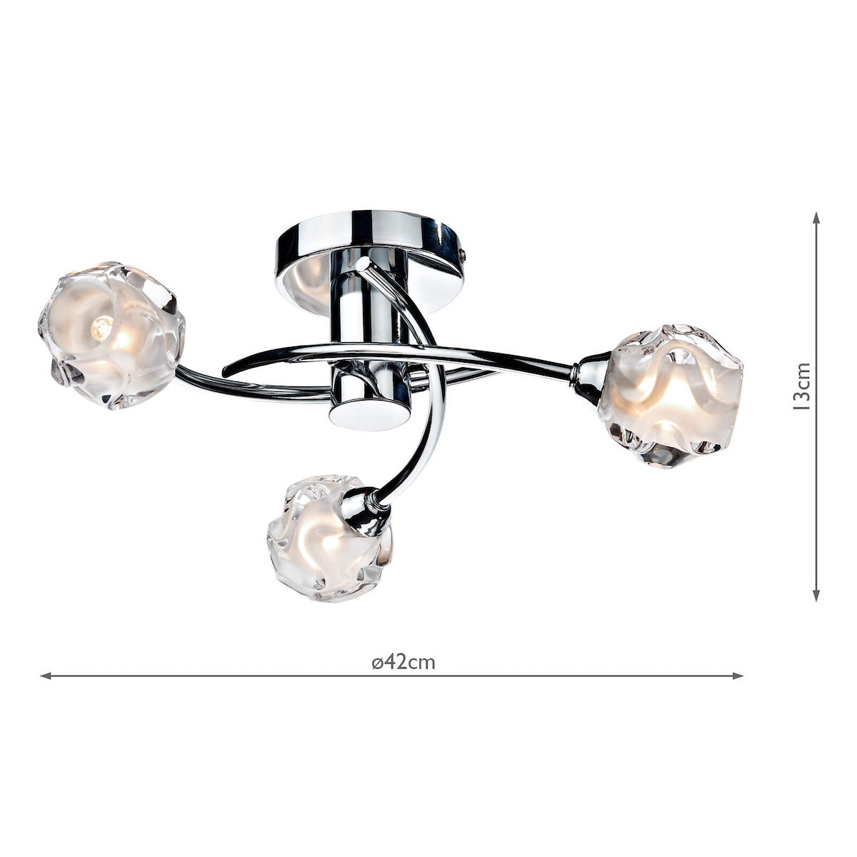 Chrome ceiling light with three wavy glass shades, illuminated, showing 13cm height and 42cm width.